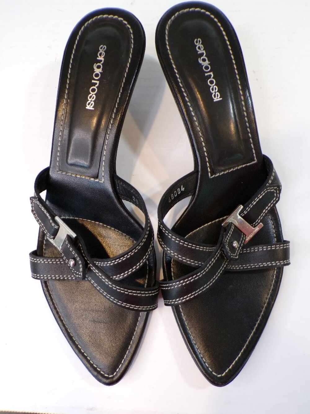 Sergio Rossi Black Leather Mules with Decorative Silver Accent EU Size 39